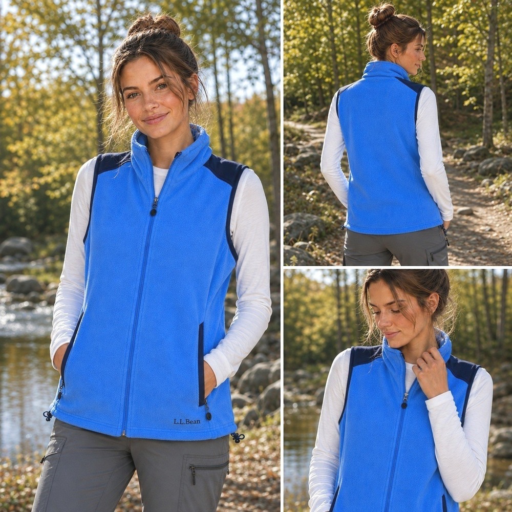 LL Bean Polartec Fleece Vest Blue Full Zip Nylon Shoulder WMS LG Hiking Layer